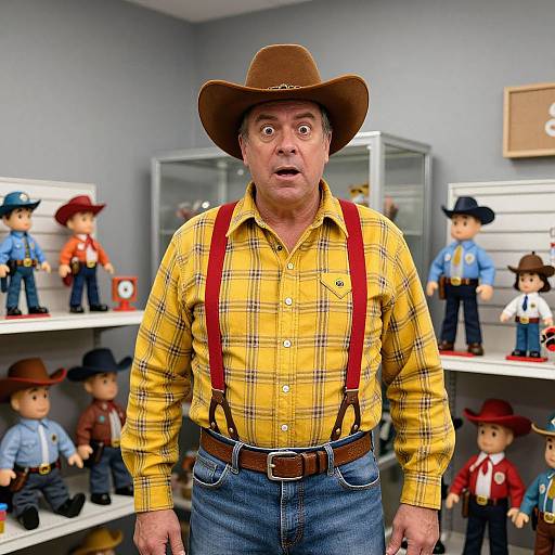 Photograph of a middle-aged white man with a surprised expression, wearing a brown cowboy hat, yellow plaid shirt, and blue jeans, standing in