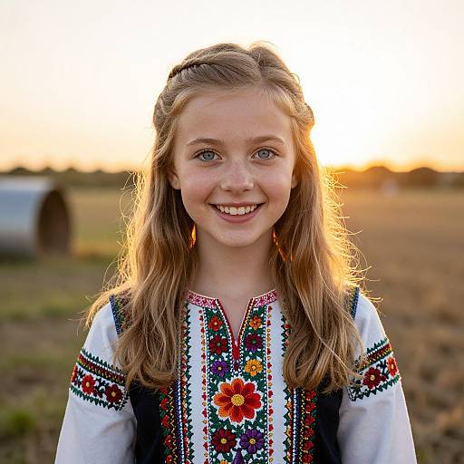 Photograph of a smiling young girl with light brown hair, wearing a traditional embroidered dress, standing in a sunlit field at sunset.