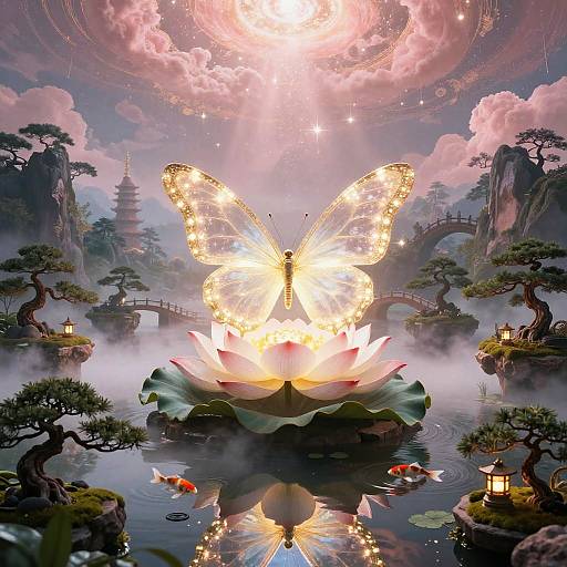 Luminous Butterfly Over Zen Gardens
