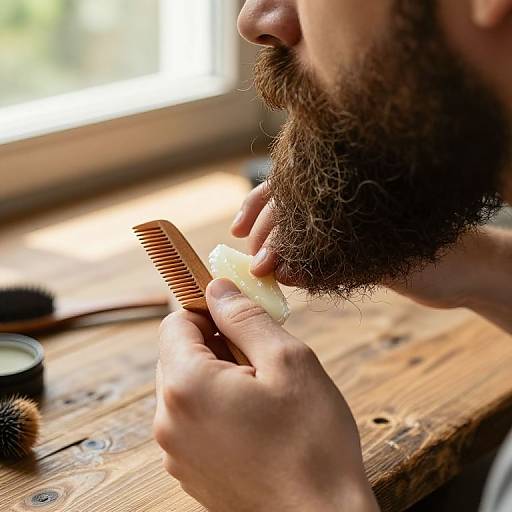 Close-up photograph of a bearded man using a wooden comb to apply shaving cream to his chin, on a wooden table with blurred window light in the