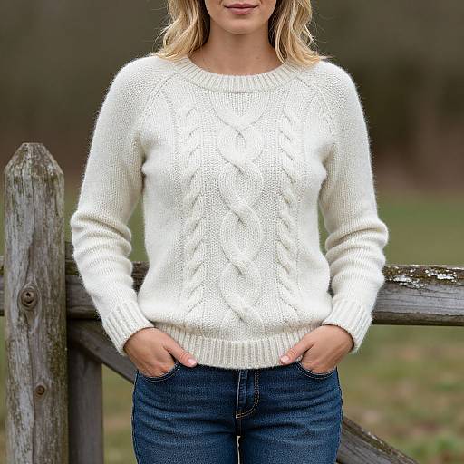 Photograph of a blonde woman in a white cable-knit sweater and blue jeans, standing with hands in pockets by a wooden fence, blurred green background