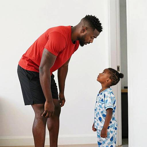 Photograph of a tall, muscular Black man in a red shirt and black shorts bending down to look at a young Black boy with a topknot
