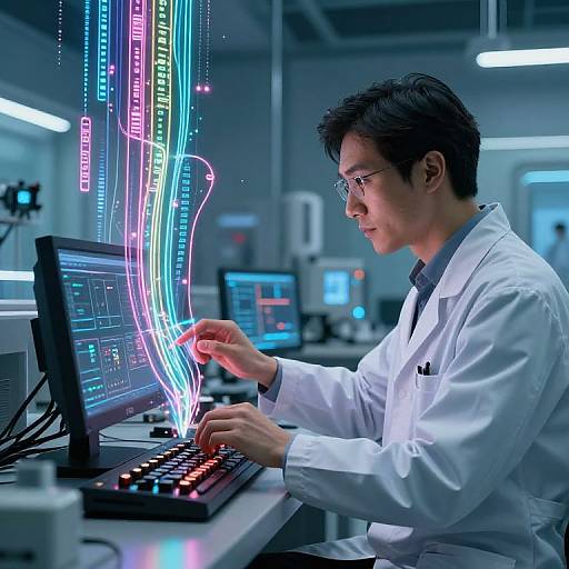 Photograph of an Asian male scientist in a white lab coat, typing on a keyboard, with colorful, neon-like data lines emerging from his computer in