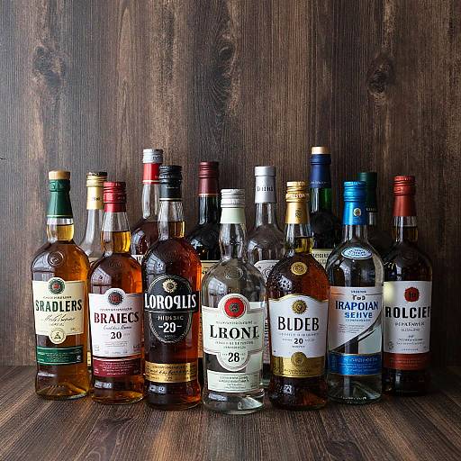 Varied Liquor Bottles on Wood Surface