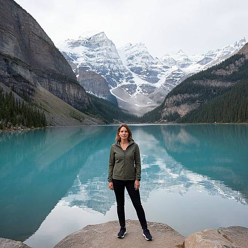 Photograph of a smiling woman with brown hair, green jacket, and black pants standing on a rock by a turquoise mountain lake, with snowy peaks and