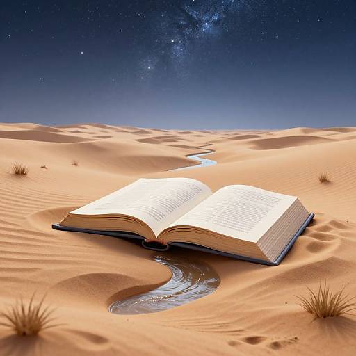 Photorealistic digital artwork: open book with glowing pages, water stream, and desert sand dunes under a starry night sky.