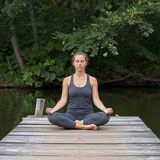 Photograph of a woman with wet blonde hair, wearing a black tank top and leggings, meditating in lotus position on a wooden dock, surrounded