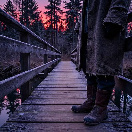 Photograph of a person's lower legs in worn boots and tattered coat standing on a wooden bridge at sunset, with a vivid pink and purple sky