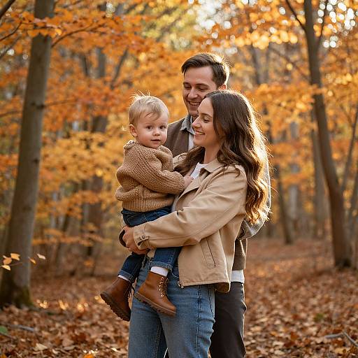 Photograph of a smiling family in autumn forest; mother with long brown hair, beige jacket, holding blonde toddler in brown sweater, father in brown jacket