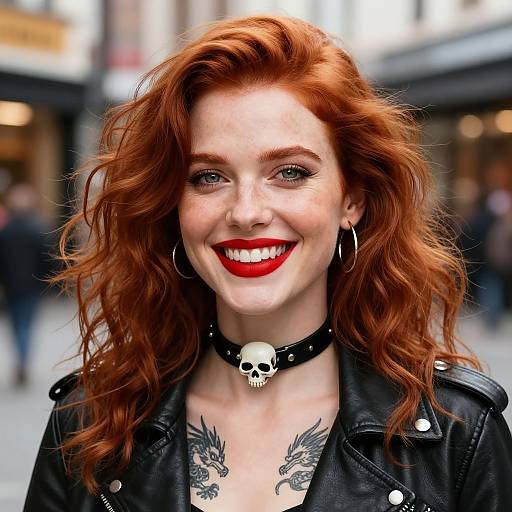 Photograph of a smiling red-haired woman with wavy hair, wearing a black leather jacket, skull choker, and red lipstick, showcasing tattooed