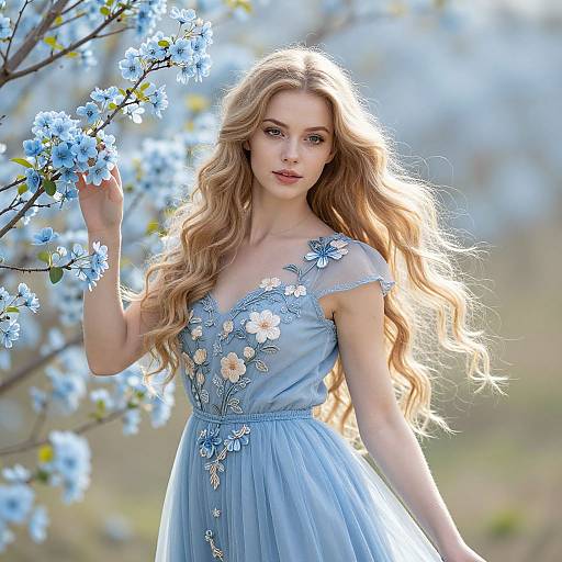 Photograph of a beautiful young woman with long blonde hair, wearing a light blue, floral-embellished dress, standing amidst blooming blue flowers