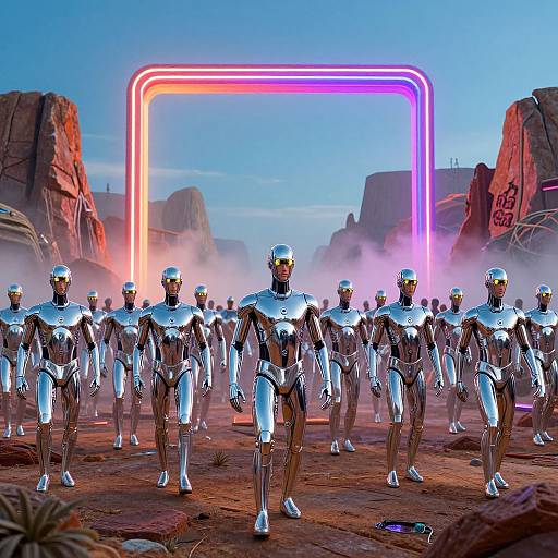 Photorealistic CGI of a futuristic desert scene with a row of silver, humanoid robots standing before a glowing, neon pink and purple rectangular frame against rocky