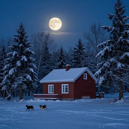 Photograph of a red wooden cabin under a full moonlit, snowy night, surrounded by snow-covered trees, with two black dogs walking in the foreground