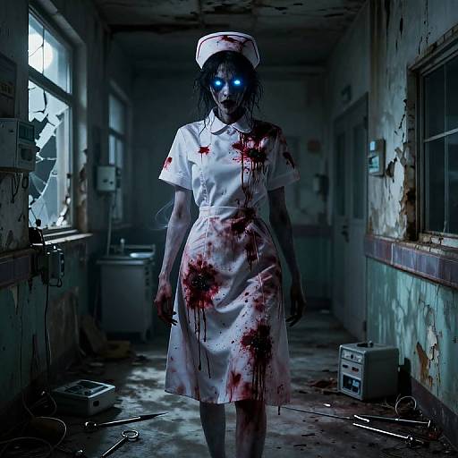 Digital artwork of a blood-stained, glowing-eyed nurse in a dim, dilapidated hospital corridor with broken windows and grimy walls.