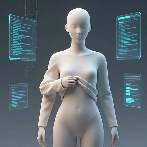 Digital CGI of a white, featureless humanoid figure with a bald head, lifting a shirt, set against a blue glowing background with floating code screens.