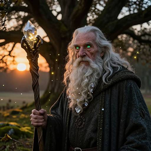 Photograph of an elderly wizard with long white hair and beard, glowing green eyes, holding a crystal-tipped staff, wearing a dark, textured robe