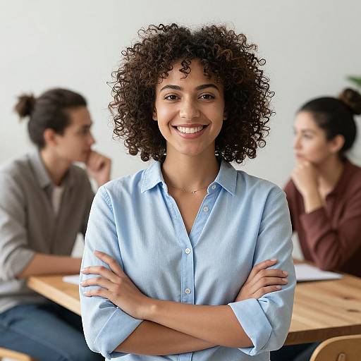 Photograph of a smiling young woman with curly hair, light brown skin, and wearing a light blue shirt, standing with arms crossed in front of two