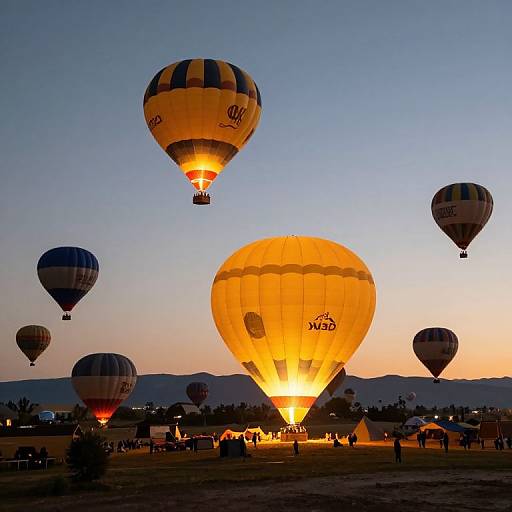 Photograph of five hot air balloons with glowing orange and yellow hues, silhouetted against a twilight sky, over a desert landscape with mountains in