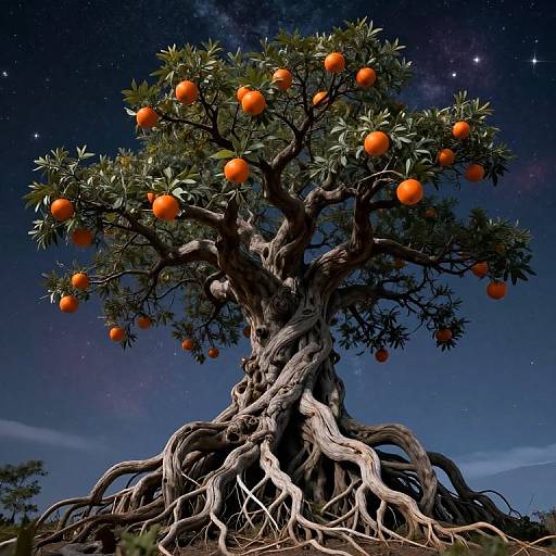 Cosmic Tree with Radiant Floating Fruits