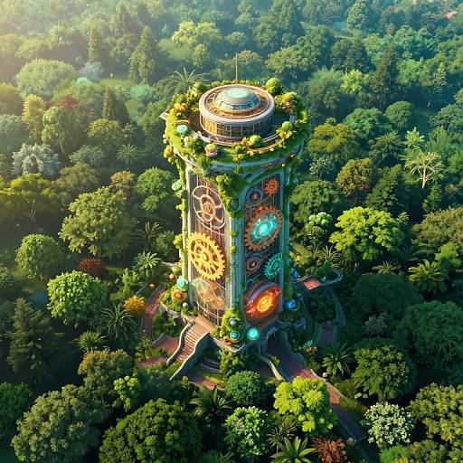 Aerial CGI of a lush, futuristic tower with glowing gears and lights, surrounded by dense, vibrant jungle, bathed in sunlight.