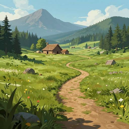 Digital illustration of a lush green meadow with a winding dirt path leading to a rustic wooden house, surrounded by pine trees and mountains under a bright blue