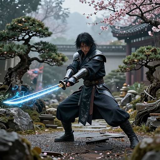 Samurai warrior with black hair and armor wields glowing blue katana in a misty, cherry blossom-filled Japanese garden. (Photorealistic digital