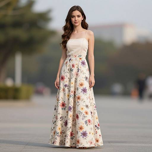 Photograph of a young woman with long brown hair, wearing a white, floral-patterned, spaghetti strap, floor-length gown, standing outdoors on a
