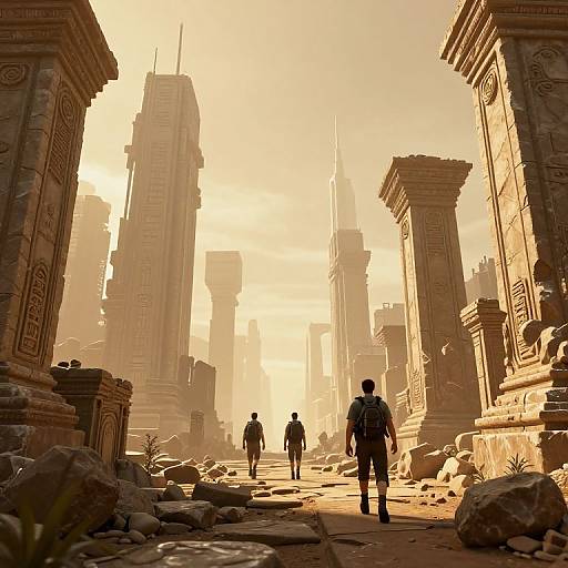 Photorealistic digital art of a sunlit, ancient ruins cityscape with three silhouetted figures walking between massive, ornate, crumbling columns