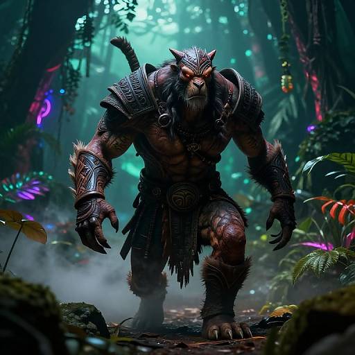 Digital fantasy artwork of a muscular, armored werewolf with glowing red eyes and sharp claws, standing in a misty, vibrant jungle.