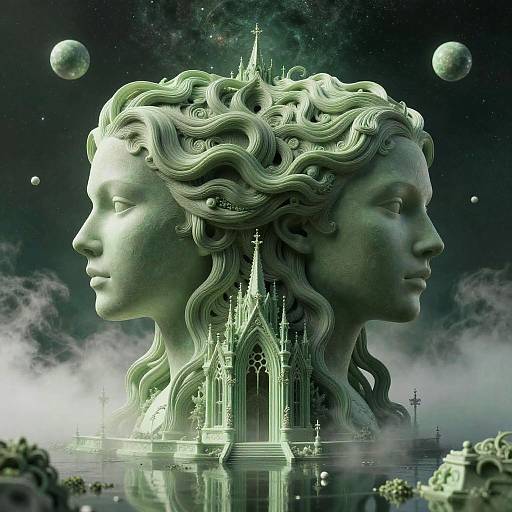 CGI artwork of two stone-faced female heads with wavy hair, back-to-back, overlooking a glowing, ethereal castle amidst space and mist.