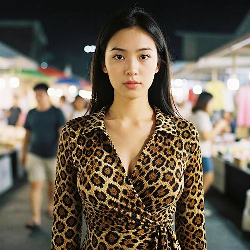 Photograph of an Asian woman with long black hair, wearing a leopard-print V-neck dress, standing in a brightly lit, blurred market background.