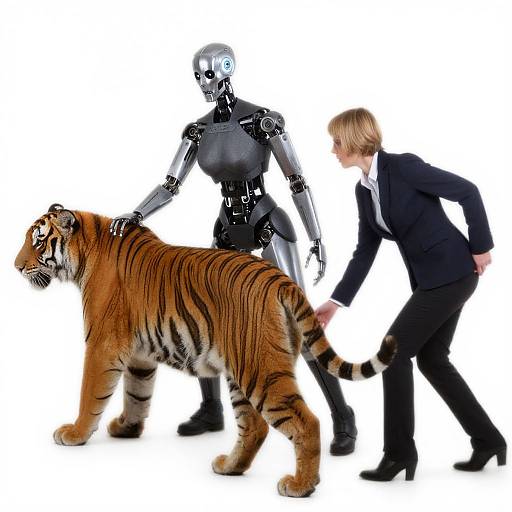 Photograph of a suited man with blond hair pushing a tiger, while a silver robotic figure stands behind the tiger. White background.