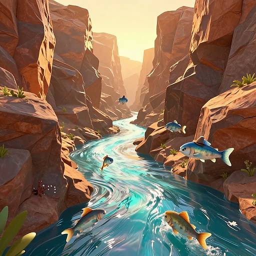 Digital artwork of a sunlit canyon with a winding turquoise river, featuring colorful fish swimming among red rock cliffs and green plants.