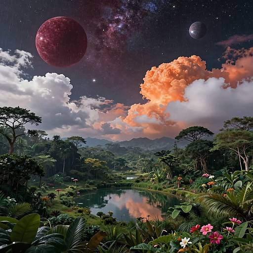 Stunning digital art of a lush, tropical jungle with a reflective river, vibrant clouds, and two large planets in a starry night sky.