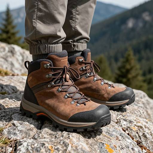 Photograph of brown leather hiking boots with black soles and laces, worn with gray pants, standing on rocky mountain terrain.