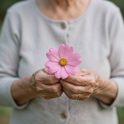 Elderly woman in white cardigan holding delicate pink daisy with yellow center, wearing wedding ring, blurred green background. Photograph.