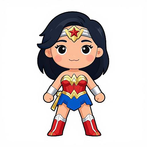 Chibi-style digital drawing of Wonder Woman: cute, smiling, with black hair, red tiara, red bustier, blue skirt, red boots