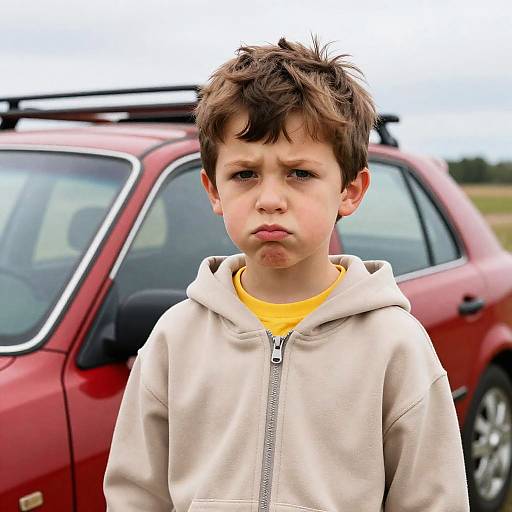 Pouty Young Boy in Beige Hoodie by Red Car
