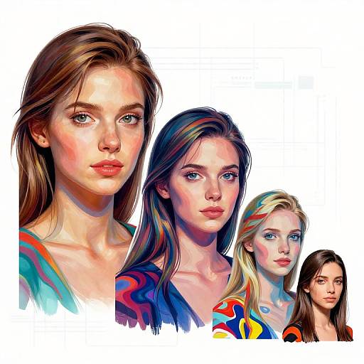 Digital artwork: Close-ups of four beautiful women with varied hair colors and styles, showcasing realistic, detailed facial features and vibrant clothing.