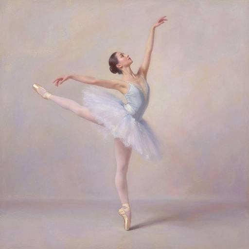 Photograph of a graceful ballet dancer in a white tutu and pink pointe shoes, performing an elegant arabesque against a soft, pastel