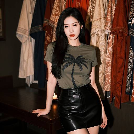Photograph of an Asian woman with long black hair, olive-green shirt with palm tree print, black leather skirt, standing in a dimly lit room