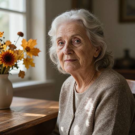 Photograph of an elderly woman with white hair, wearing a gray sweater, sitting by a sunlit wooden table with a vase of yellow and orange flowers