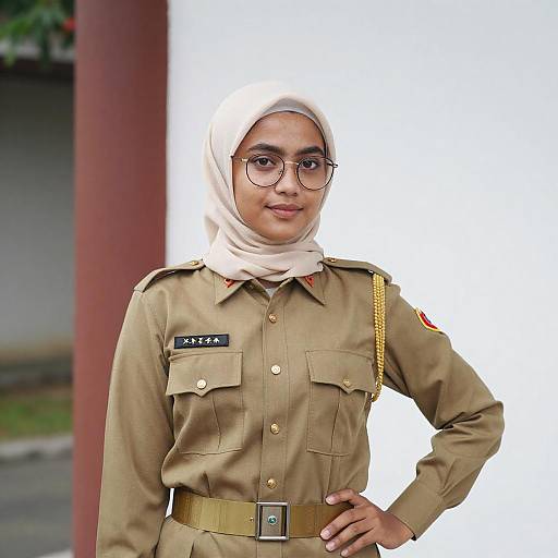 Photograph of a young South Asian woman in a beige military uniform with a white hijab, round glasses, and confident pose.