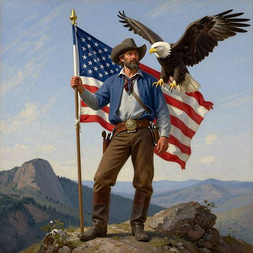Photograph-like painting of a bearded man in cowboy hat, blue shirt, brown pants, with eagle, holding American flag on mountain peak.