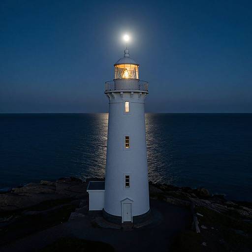 Photograph of a white lighthouse illuminated at night, with a glowing light at the top, standing on rocky shore against a dark blue ocean and twilight