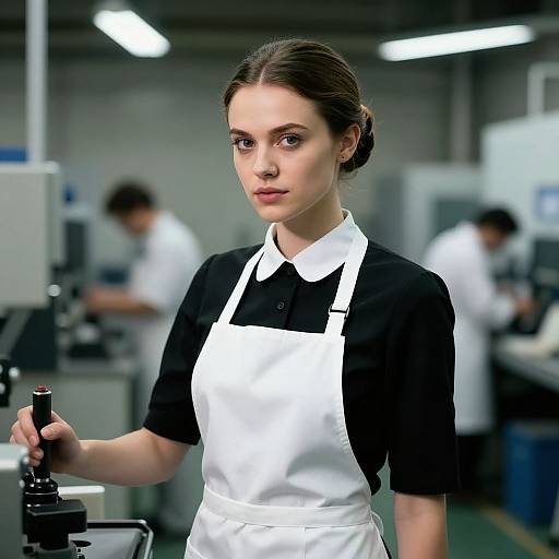 Photograph of a serious young woman with fair skin, brown hair in a bun, wearing a black shirt and white apron, holding a machine in