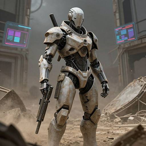 CGI image of a white, heavily-armed, futuristic robot soldier standing in a dusty, ruined city with neon signs in the background.
