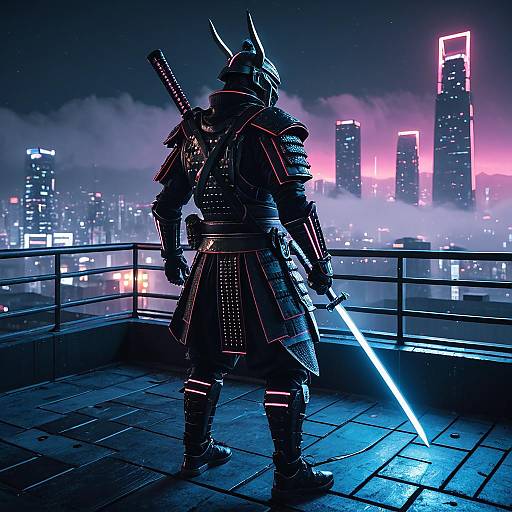 Futuristic Samurai on Neon-lit Rooftop