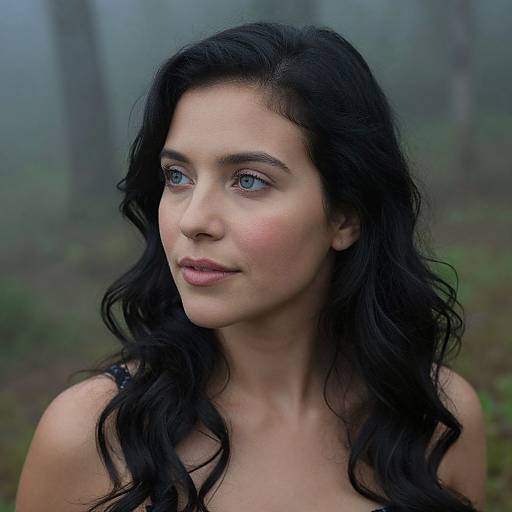 Photograph of a young woman with long, wavy black hair, blue eyes, and fair skin, standing in a misty forest. She looks