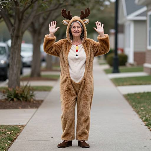 Woman in brown reindeer costume with antlers, smiling, waving on suburban sidewalk, daytime, trees and houses in background. Photograph.